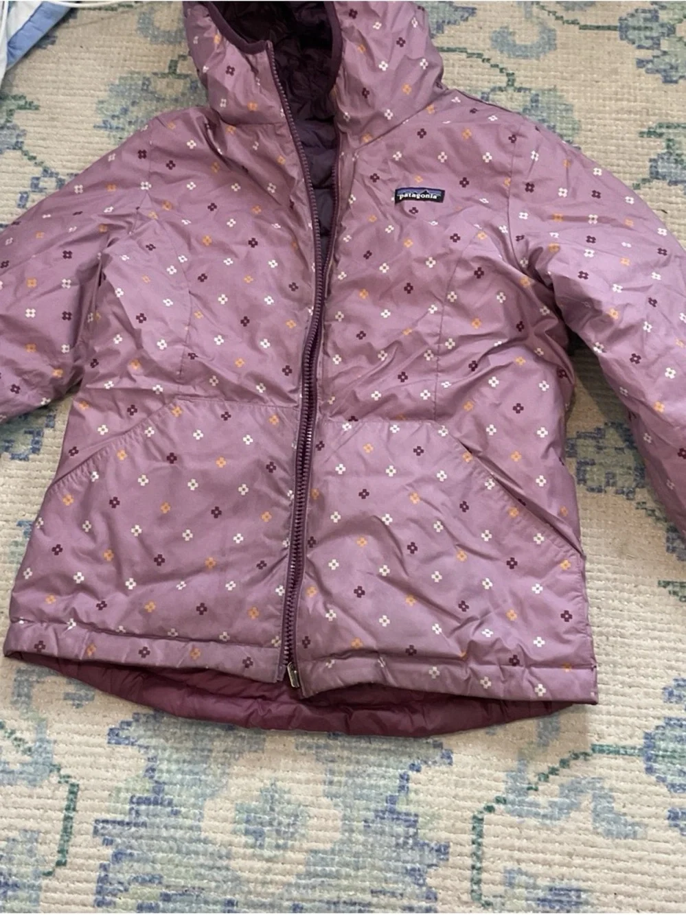 Patagonia Girls' Two-Tone Hooded Puffer Jacket in Plum and Burgundy